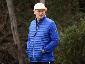 International captain Ernie Els of South Africa looks on during four-ball matches on Day 3 of the 2019 Presidents Cup at Royal Melbourne Golf Course on Saturday, Dec. 14, 2019 in Melbourne, Australia.