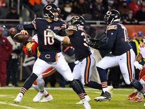 Chicago, Illinois, USA; Chicago Bears quarterback Mitchell Trubisky drops back to pass against the Kansas City Chiefs during the second half at Soldier Field.