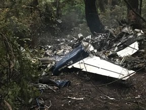 CP-Web. The scene of a small plane crash on Gabriola Island, B.C., is shown on Wednesday, Dec.11, 2019. A plane that one witness describes as crashing in a "huge explosion" that left multiple people dead in British Columbia has been identified as a twin-engine propeller aircraft.