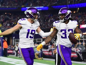 Adam Thielen (left) and Dalvin Cook should be ready to roll for the Vikings in  Sunday's meaningless game against the Bears. How much they actuallyy play, however, with the Vikes locked into the No. 6 seed in the NFC, is TBD.  (Photo by Billie Weiss/Getty Images)