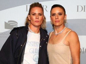 Ashlyn Harris, left, and Ali Krieger attend the Guggenheim International gala pre-party at Solomon R. Guggenheim Museum on Nov. 13, 2019 in New York City. (Astrid Stawiarz/Getty Images for Dior)
