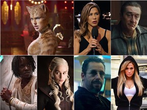 Clockwise from top left: Taylor Swift in Cats, Jennifer Aniston in The Morning Show, Robert De Niro in The Irishman, Jennifer Lopez in Hustlers, Adam Sandler in Uncut Gems, Emilia Clarke in Game of Thrones and Lupita Nyong'o in Us.