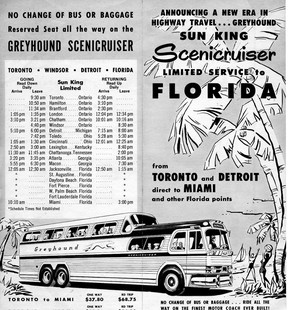 This interesting undated brochure (the one that prompted this story) must have been produced around Sept. 14, 1954, the date the first Greyhound Scenicruiser departed Toronto’s Bay Street Coach Terminal. That event was soon followed by a series of local newspaper ads that showed the one-way fares, Toronto to Miami, at $37.80, the same price as shown on the brochure. One of the selling points of the trip was “Reserved seat all the way. No change of bus or baggage.” Travel time, two days and 40 minutes.