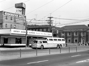 In this undated photo supplied by friend Chris Prentice, a Greyhound Scenicruiser waits in front of the Sunnyside Bus Terminal on the north side of The Queensway, west of the Roncesvalles-King-Queen intersection for passengers headed to St. Petersburg, Florida. The structure was built in the mid-1930s in the Art Deco style for the TTC's subsidiary company Gray Coach Lines, which provided inter-city bus transportation as well as a popular sightseeing service from 1927 until 1990 when it was sold to Stagecoach. Two years later, Stagecoach was sold to Greyhound. Today the terminal is a McDonalds. In the background is the Edgewater Hotel, which opened in 1939 (its original name was to be the Parkway Hotel) and was recently rebranded as a member of the Howard Johnson hotel chain.