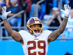 Derrius Guice of the Washington Redskins reacts after running for a touchdown against the Carolina Panthers during their game at Bank of America Stadium on Dec. 1, 2019 in Charlotte, N.C.. (STREETER LECKA/Getty Images)