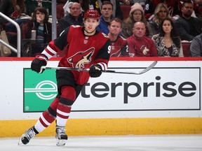 Taylor Hall of the Arizona Coyotes in action during his home debut against the Minnesota Wild at Gila River Arena on December 19, 2019 in Glendale, Arizona. The Wild defeated the Coyotes 8-5. (Photo by Christian Petersen/Getty Images)