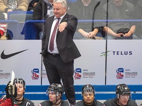 Canada head coach Dale Hunter reacts to a penalty call during third period action against the United States at the World Junior Hockey Championships in Ostrava, Czech Republic, Thursday, Dec. 26, 2019.