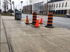 A motorist was charged with impaired driving after smashing into a TTC bus shelter near Sheppard and Progress Aves., in Scarborough, on Thursday, Dec. 26, 2019. By Friday morning the bus shelter had been cleaned up but the skid marks were still visible. (Ernest Doroszuk/Toronto Sun/Postmedia Network)