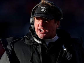 Raiders head coach Jon Gruden works the sidelines against the Broncos during second quarter NFL action at Empower Field at Mile High in Denver, Sunday, Dec. 29, 2019.