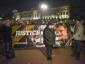 Charlotte Charles, mother of Harry Dunn joins an anti-Donald Trump protest as NATO Leaders attend a reception at Buckingham Palace on Dec. 3 2019, in London, England.