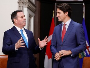 Alberta Premier Jason Kenney and Prime Minister Justin Trudeau meet on Parliament Hill in Ottawa on Dec. 10, 2019.