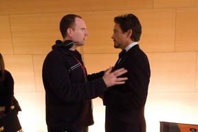 Kevin Feige and Robert Downey Jr. on the set of the first Iron Man. (Marvel Studios)