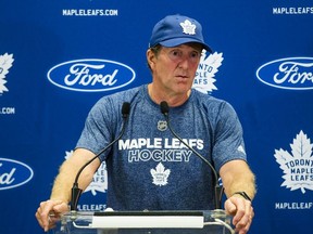 Now former Toronto Maple Leafs head coach Mike Babcock addresses media during training camp at the Ford Performance Centre in the Etobicoke area of Toronto, Ont. on Thursday September 12, 2019. Ernest Doroszuk/Toronto Sun/Postmedia