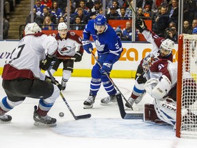 Maple Leafs' Auston Matthews goes aftger a loose puck during third-period action against the Colorado Avalanche at the Scotiabank Arena in Toronto on Wednesday December 4, 2019. Ernest Doroszuk/Toronto Sun/Postmedia