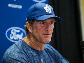Toronto Maple Leafs head coach Mike Babcock  addresses media during training camp at the Ford Performance Centre in the Etobicoke area of Toronto, Ont. on Thursday September 12, 2019.