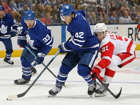 Valtteri Filppula of the Detroit Red Wings tries to check Trevor Moore of the Toronto Maple Leafs at Scotiabank Arena on December 21, 2019 in Toronto. (Claus Andersen/Getty Images)