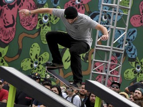 Matt Berger of Canada competes in the men's street skateboard final during the Dew Tour at the Long Beach Convention Center, Sunday, June 16, 2019, in Long Beach, Calif. (Keith Birmingham/The Orange County Register via AP)