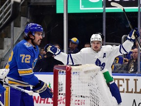 Toronto Maple Leafs centre Auston Matthews celebrates after scoring during the first period against the St. Louis Blues at Enterprise Center in St. Louis, Mo., on Saturday, Dec. 7, 2019.