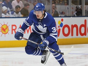 Maple Leafs forward Auston Matthews has at least two goals against every NHL club except for the Rangers, Winnipeg Jets and Calgary Flames. (GETTY IMAGES)
