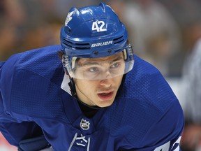 Trevor Moore was back in the Maple Leafs lineup on Saturday night.(Claus Andersen/Getty Images)