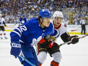 The season of Maple Leafs forward Trevor Moore (front) has been derailed by injuries. (Ernest Doroszuk/Toronto Sun)
