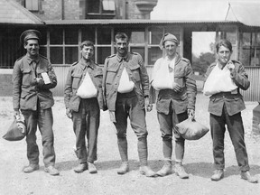 Newfoundlanders and Labradorians wounded at Beaumont-Hamel are seen four days after the battle at Wandsworth Hospital, London, England. (The Royal Newfoundland Regiment Historical Collection, 2007-59 handout courtesy Canadian War Museum)