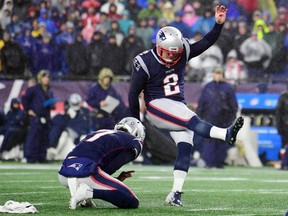 Patriots kicker Nick Folk makes a field goal during the fourth quarter against the Cowboys at Gillette Stadium in Foxborough, Mass., on Nov. 24, 2019.