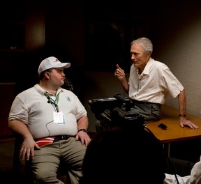 Paul Walter Hauser and Clint Eastwood on the set of Richard Jewell.
