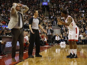 Toronto Raptors coach Nick Nurse and Kyle Lowry aren't happy about a non-call double dribble with referee Andy Nagy during the second half in Toronto, Ont. on Tuesday December 3, 2019. Jack Boland/Toronto Sun/Postmedia Network