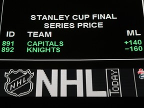 The betting line for the Stanley Cup final shows the Vegas Golden Knights favoured over the Washington Capitals at the Race & Sports SuperBook at the Westgate Las Vegas Resort & Casino on May 23, 2018 in Las Vegas.  (Ethan Miller/Getty Images)