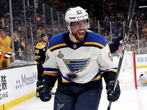 David Perron of the St. Louis Blues celebrates his goal in Game Five of the 2019 NHL Stanley Cup Final on June 6, 2019 in Boston, Mass. (BRUCE BENNETT/Getty Images)