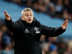 Manchester United manager Ole Gunnar Solskjaer reacts during his team’s game against Manchester City at Etihad Stadium in Manchester on Dec. 7, 2019. (JASON CAIRNDUFF/Reuters)