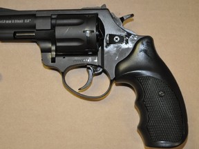 Halton Regional Police allege a man, 41, pointed a starters pistol at a fellow motorist in Burlington on Saturday, Dec. 7, 2019. Starters pistols, like the one seen here that was seized by Durham cops in 2011, fire blank cartridges. (Chris Doucette/Toronto Sun/Postmedia Network)