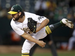 Oakland Athletics pitcher Tanner Roark works against the Kansas City Royals Monday, Sept. 16, 2019, in Oakland, Calif. (AP Photo/Ben Margot)