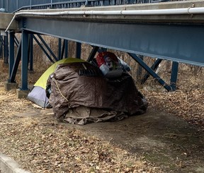 An encampment on Summerhill Ave. in Rosedale under the footbridge to MacLennan Ave.