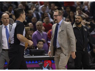 Head coach Nick Nurse objects to a referee's call in the 2nd quarter of the Raptors game against the L.A. Clippers in Toronto, Ont. on Wednesday December 11, 2019.