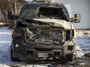 A burned-out tow truck in a residential area on Wood Ln. in Richmond Hill on Monday December 23, 2019. Ernest Doroszuk/Toronto Sun