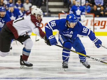 Toronto Maple Leafs Mitchell Marner during 1st period action against Colorado Avalanche Ryan Graves  at the Scotiabank Arena in Toronto on Wednesday December 4, 2019. Ernest Doroszuk/Toronto Sun/Postmedia