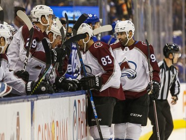 Colorado Avalanche Nazem Kadri (right) against the Toronto Maple Leafs during 1st period action at the Scotiabank Arena in Toronto on Wednesday December 4, 2019. Ernest Doroszuk/Toronto Sun/Postmedia