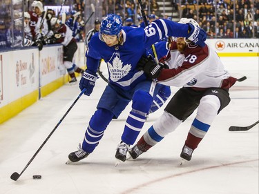 Toronto Maple Leafs Ilya Mikheyev during 1st period action against Colorado Avalanche Ian Cole  at the Scotiabank Arena in Toronto on Wednesday December 4, 2019. Ernest Doroszuk/Toronto Sun/Postmedia