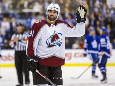 Colorado Avalanche Nazem Kadri acknowledges the fans following an on-screen tribute to his time with as a Leafs' player during a break in the action against the Toronto Maple Leafs during 1st period at the Scotiabank Arena in Toronto on Wednesday December 4, 2019. Ernest Doroszuk/Toronto Sun/Postmedia