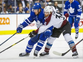 Toronto Maple Leafs Andreas Johnsson during first period action against Colorado Avalanche T.J. Tynan at Scotiabank Arena in Toronto on Wednesday December 4, 2019. Ernest Doroszuk/Toronto Sun