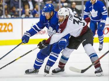 Toronto Maple Leafs Andreas Johnsson during 1st period action against Colorado Avalanche T.J. Tynan  at the Scotiabank Arena in Toronto on Wednesday December 4, 2019. Ernest Doroszuk/Toronto Sun/Postmedia