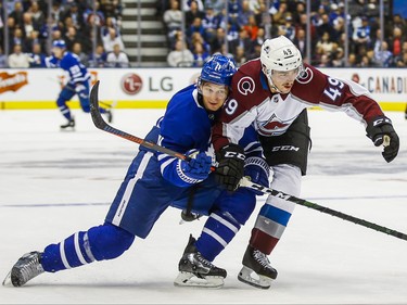 Toronto Maple Leafs Zach Hyman during 1st period action against Colorado Avalanche Samuel Girard  at the Scotiabank Arena in Toronto on Wednesday December 4, 2019. Ernest Doroszuk/Toronto Sun/Postmedia
