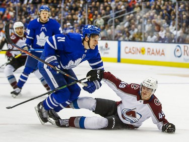 Toronto Maple Leafs Zach Hyman during 1st period action against Colorado Avalanche Samuel Girard  at the Scotiabank Arena in Toronto on Wednesday December 4, 2019. Ernest Doroszuk/Toronto Sun/Postmedia