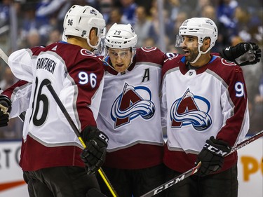 Colorado Avalanche Nazem Kadri (right) celebrates the team's goal against the Toronto Maple Leafs during 2nd period action at the Scotiabank Arena in Toronto on Wednesday December 4, 2019. Ernest Doroszuk/Toronto Sun/Postmedia