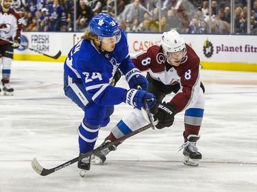 Toronto Maple Leafs Kasperi Kapanen  during 3rd period action against Colorado Avalanche 	Cale Makar  at the Scotiabank Arena in Toronto on Wednesday December 4, 2019. Ernest Doroszuk/Toronto Sun/Postmedia