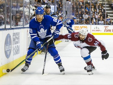 Toronto Maple Leafs William Nylander during 3rd period action against Colorado Avalanche Pierre-Edouard Bellemare at the Scotiabank Arena in Toronto on Wednesday December 4, 2019. Ernest Doroszuk/Toronto Sun/Postmedia