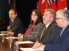 From left, OSSTF President Harvey Bischof, OECTA President Liz Stuart, ETFO President Sam Hammond and AEFO President Remi Sabourin announce on Thursday Dec. 12 2019 that they are launching Charter Challenges to Doug Ford government's Bill 124, which caps public sector compensation at 1% a year for three years. The teacher union heads say the legislation is a violation of their members' right to unrestricted collective bargaining. (Toronto Sun/Antonella Artuso)
