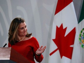 Canadian Deputy Prime Minister Chrystia Freeland gestures as she speaks during a meeting at the Presidential Palace, in Mexico City, Mexico December 10, 2019.